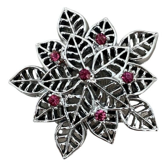 Boyd Jewelry - Gerry's Brooch Vintage Pink Rhinestones Silvertone Metal Leaf Motif